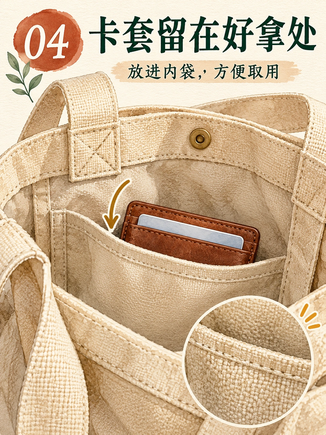 Codex-generated page 04 showing a plain brown cardholder partially inserted into the beige tote’s inner pocket.